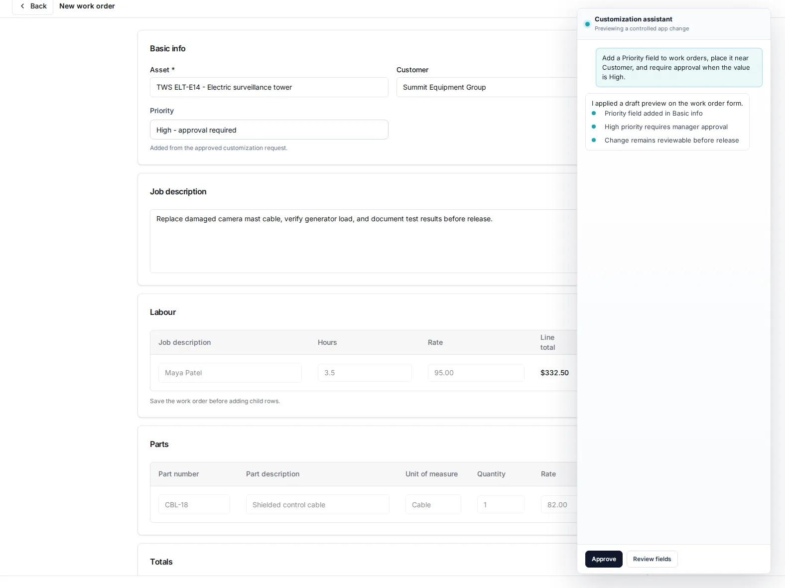rain ERP adding a priority field with an approval rule to the work order form, shown as a reviewable preview